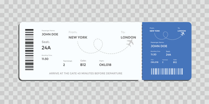 Realistic airline ticket design. Airline flight pass concept. Air travel by airplane blue color document. Airline boarding pass template. Blue departure document 
