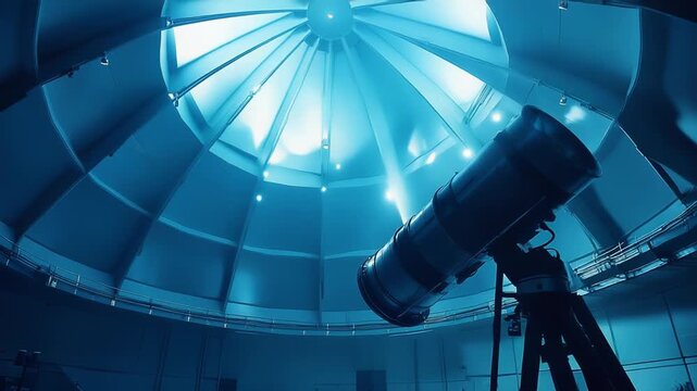 Modern optical instrument inside an observatory dome, searching for celestial bodies and exploring the mysteries of deep space and astronomy in a dark blue setting