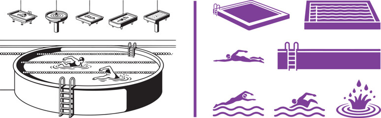 Fototapeta premium Swimming pool icons and diagrams set with swimmers ladders and water splashes vector illustration for sports facility planning and leisure signage