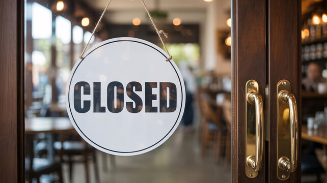 Round white closed sign hanging on the glass door of a cafe or restaurant entrance with a blurred interior