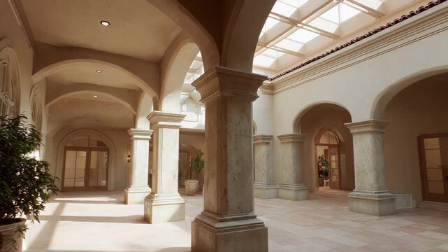 Spacious indoor courtyard with classic arches and stone columns, bathed in warm natural light from a modern skylight, creating an elegant, serene mediterranean ambiance