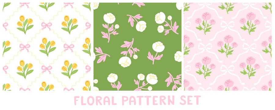 Elegant flower pattern set. Vintage floral seamless vector print collection.