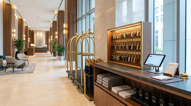 Elegant hotel lobby with reception desk, luggage carts, and key rack