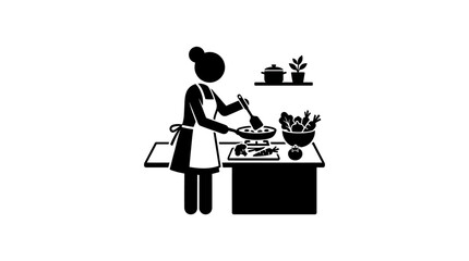 Cook stands at a kitchen counter stirring a pan while vegetables sit nearby on the cutting board. © yanto