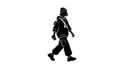 Fototapeta premium Pedestrian silhouette walks forward while wearing a beanie and cargo pants in a casual urban style.