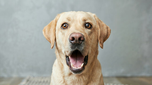 Labrador dog with a happy expression, sitting indoors on a textured background