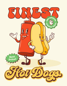 Groovy Hot Dog Retro Character Poster. Cartoon Smiling Hotdog Advertising Banner Card with Price Stickers. Vector Fast Food Restaurant Funky Mascot Template. Happy Vintage Cool Illustration Isolated