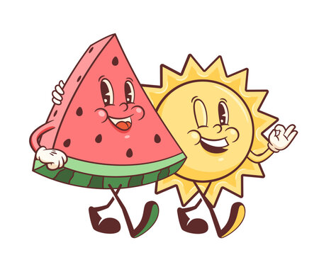 Groovy Sun and Watermelon Retro Characters Illustration. Cartoon Summer Fruit Personage Walking and Smiling. Vector Funny Mascot Template. Happy Vintage Cool Sticker. Isolated