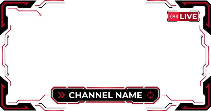 Gaming live stream overlay frame featuring dark tech design with red glowing edges and channel name placeholder with live indicator badge for streamers on platforms like twitch or youtube gaming setup
