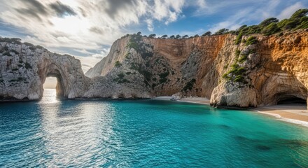 Obraz premium Natural stone sea arch and high cliffs over turquoise ocean