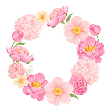 Vector Blooming Pink Floral Wreath with Peonies Illustration