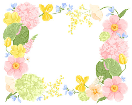 Vector Floral Frame with Peony, Tulip, Hydrangea, Anthurium Flowers
