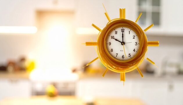 A whimsical clock face crafted from spaghetti hands, set within a warm kitchen environment, symbolizing culinary creativity and the passage of time.