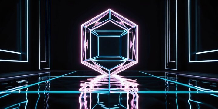 A massive striking levitating geometric metallic hypercube placed perfectly in the center, surrounded, in black tones