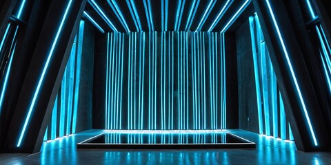 Naklejka premium Modern geometric architectural art, digital bamboo forest inside a brutalist concrete atrium, enhanced, in green tones