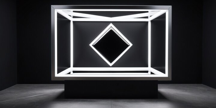 A massive striking levitating geometric metallic hypercube placed perfectly in the center, surrounded, in black tones