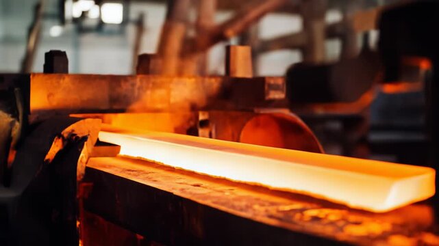 Molten steel slabs glowing red hot during continuous casting in a heavy industrial steelworks, intense heat and bright metal under high temperature production conditions