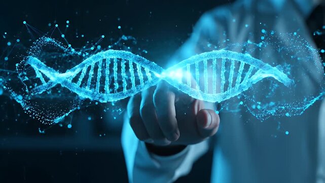 Digital dna helix model being touched by a scientist finger in a medical lab setting