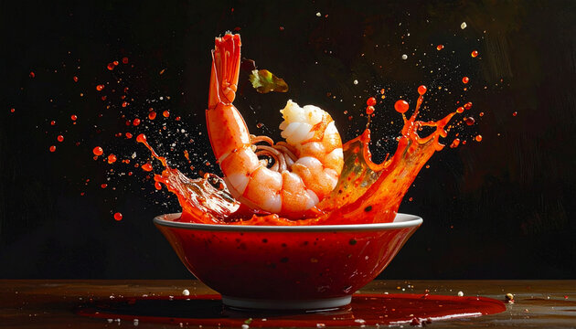 Shrimp splash in red bowl