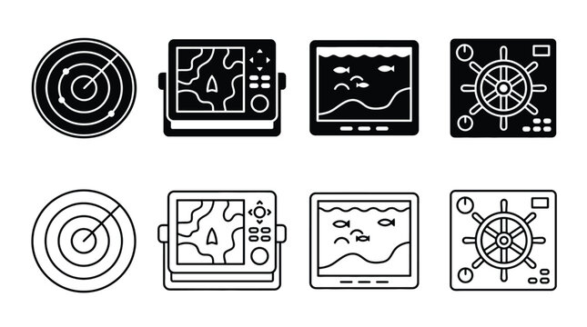 Marine navigation equipment icons set, including radar, gps chart plotter, fish finder, and ship steering wheel, vector illustration