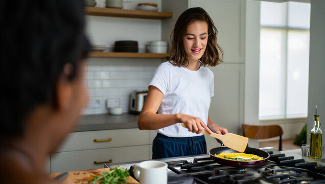 Young housemate casually recounting an amusing morning story to her roommate without breaking her breakfast cooking rhythm.