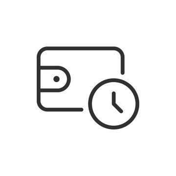 Wallet with clock, linear style icon. Payment deadline and financial schedule. Editable stroke width.