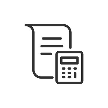 Document with calculator, linear style icon. Accounting and financial calculation. Editable stroke width
