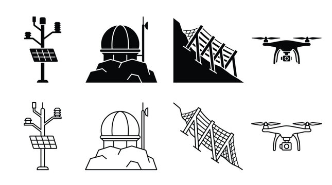 Set of icons related to environmental monitoring, geological research, and surveillance technology, including weather stations, observatories, rockfall protection barriers, and drones