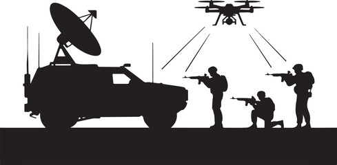 Obraz premium Military team with armored vehicle and drone surveillance