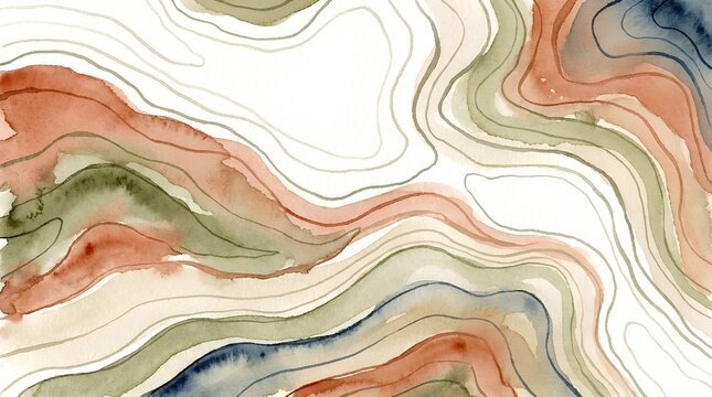 Soft watercolor topographic lines flowing horizontally in terracotta, sage green, and sand tones on white, calm environmental abstract background.
