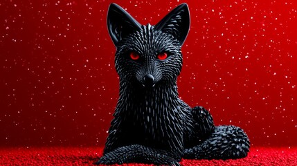 Naklejka premium Elegant Black Crystal Fox Sculpture Surrounded by Floating Snowflakes Against a Vibrant Red Background