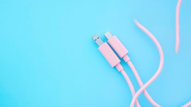 A pink USB cable on a light blue background, used for data transfer and charging devices.