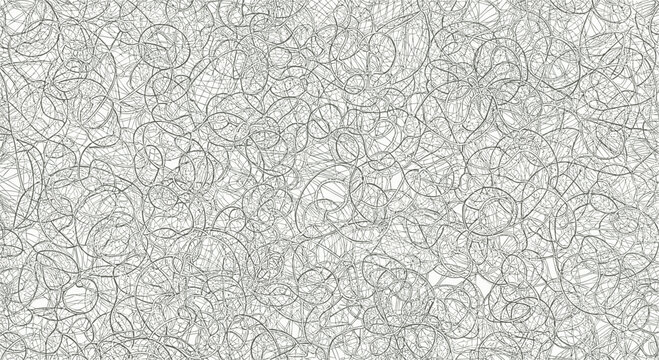 Extremely dense and chaotic scribble or web of thin grey lines creates a complex texture on white paper.
