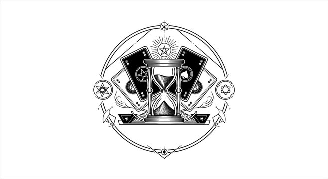 Elegant Vintage Casino Emblem with Hourglass and Playing Cards.