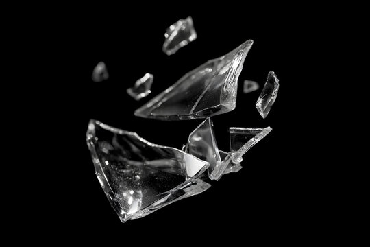 Flying broken glass shards isolated on a black background, with sharp transparent fragments, glossy reflections, and dramatic studio lighting.