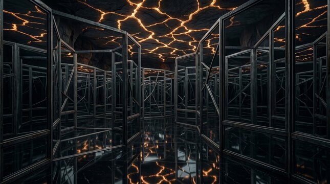 Maze constructed from dark metal frames stands beneath a ceiling glowing with molten lava fissures.