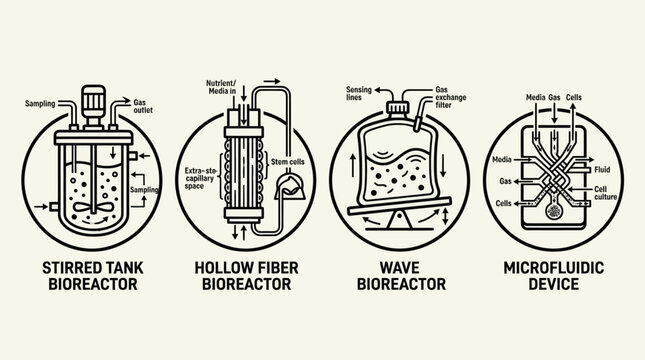 Four biotechnology bioreactor types black line icons set.