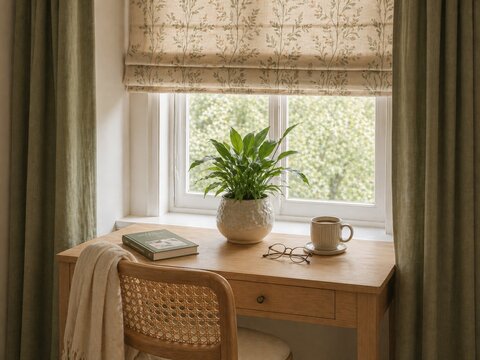 Wooden desk with houseplant, coffee mug, book and glasses near window with floral roman shade. Cozy home interior for remote work or study. Minimalist Scandinavian style workspace.