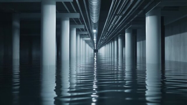 Underground parking lot or basement experiencing a flood, with water reflecting ceiling lights and supporting pillars, conveying abstract concepts of damage, disaster, and emergency