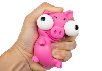 Fototapeta premium Hand squeezing a pink pig stress toy isolated on transparent background