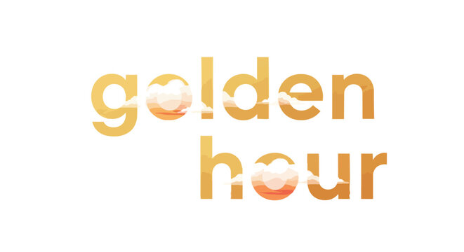 Golden Hour Text Art with Scenic Sunset Landscape and Orange Clouds Illustration