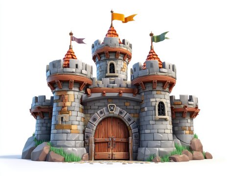 Cartoon castle with towers, flags, and wooden door (1)