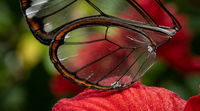 Close-up of a butterfly wing resting on a vibrant red flower