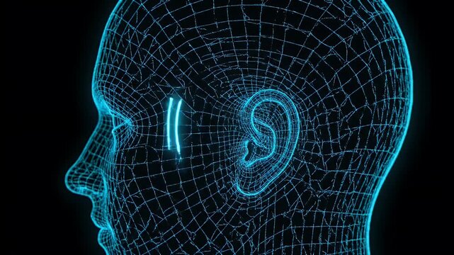Hearing and sound processing concept with a digital human head on a black background
