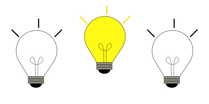 Vector illustration of 2 light bulbs that are off and 1 light bulb that is on. Electricity, energy, ideas, business.