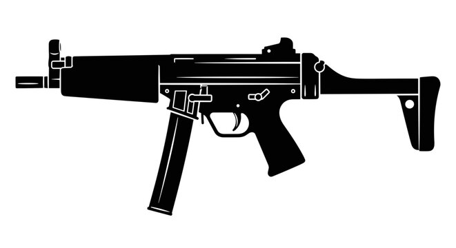 Black silhouette of a submachine gun with a folded stock.