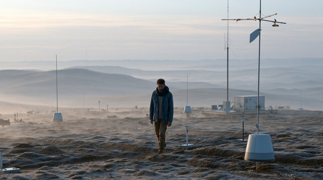 Early morning mist surrounding isolated research field station where lone ecologist takes baseline measurements before harvest season begins, data loggers positioned across experimental plots, vapor