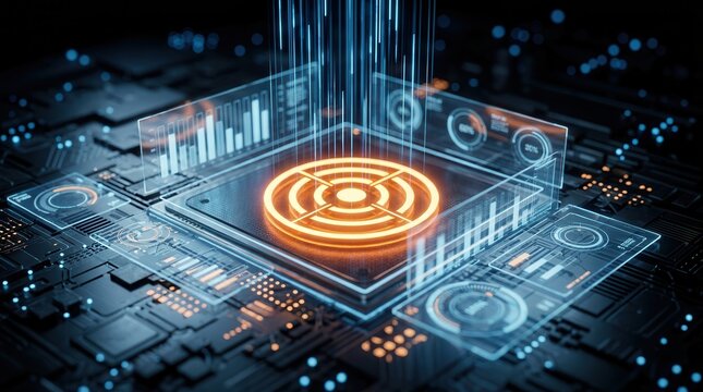 Futuristic digital dashboard featuring a target icon on a microchip for conversion rate optimization.