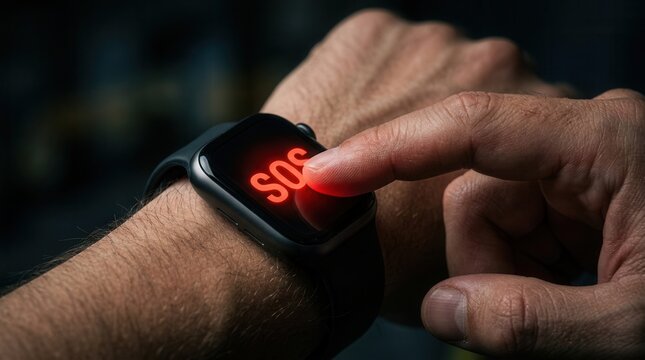 A finger pressing the SOS emergency button on a smartwatch for urgent alert.