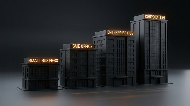 Four building models of increasing height representing company size and organizational scale.